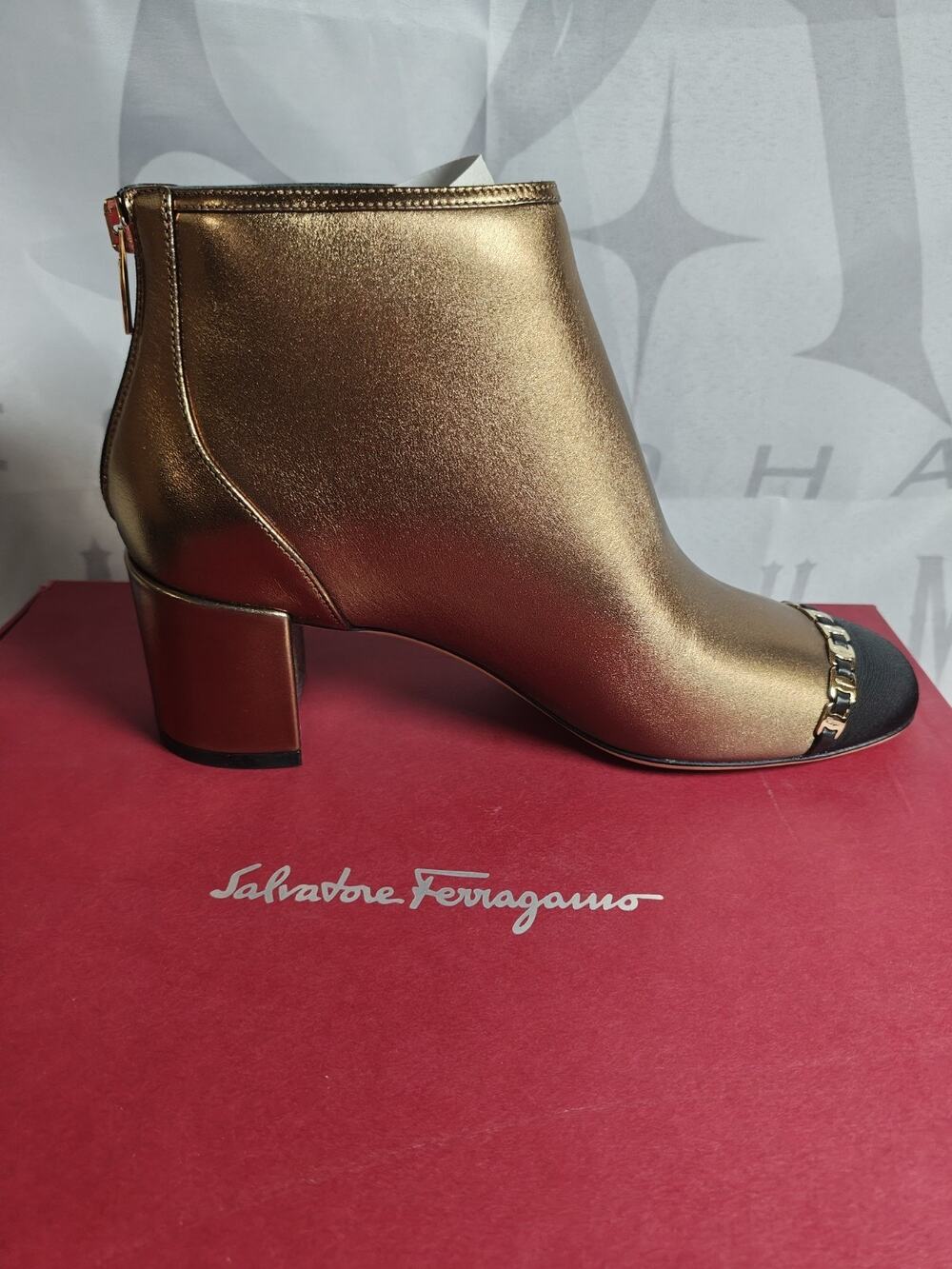 SALVATORE FERRAGAMO $1500 Women's 5.5 C Atri Bootie Gold Metallic Calf NWB blems